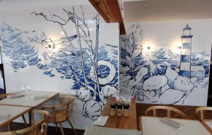 Haukilahden Helmi restaurant, detail 1, wallpaint freehanded on tile, 2021
