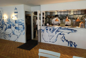 Haukilahden Helmi restaurant, detail, wallpaint freehanded on tile, 2021